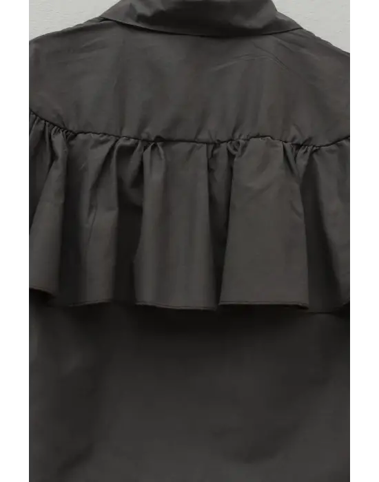 Önü Ve Omuzu Fırfır Detaylı Poplin Gömlek Bluz -K. Kahve