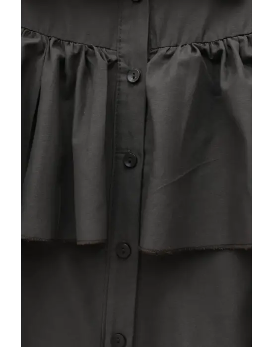 Önü Ve Omuzu Fırfır Detaylı Poplin Gömlek Bluz -K. Kahve