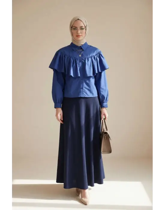 Önü Ve Omuzu Fırfır Detaylı Poplin Gömlek Bluz -Laci