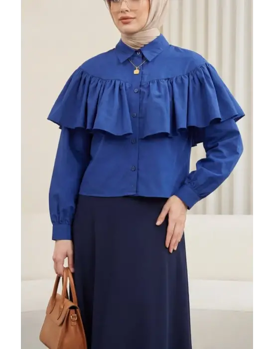 Önü Ve Omuzu Fırfır Detaylı Poplin Gömlek Bluz -Laci