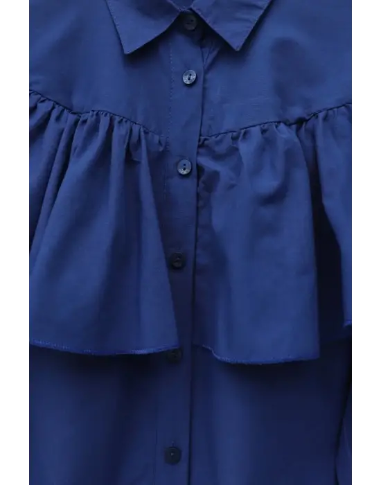 Önü Ve Omuzu Fırfır Detaylı Poplin Gömlek Bluz -Laci