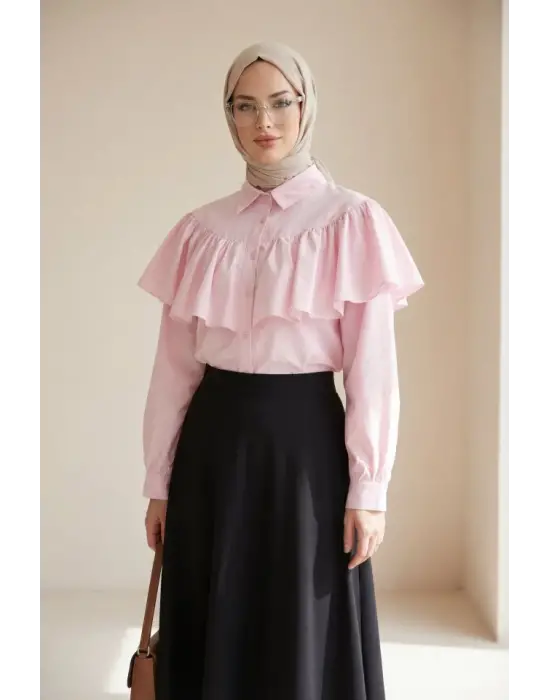 Önü Ve Omuzu Fırfır Detaylı Poplin Gömlek Bluz -Pembe