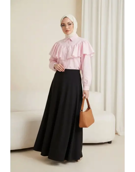 Önü Ve Omuzu Fırfır Detaylı Poplin Gömlek Bluz -Pembe