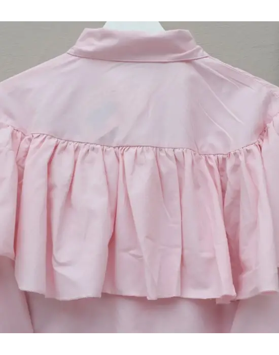 Önü Ve Omuzu Fırfır Detaylı Poplin Gömlek Bluz -Pembe