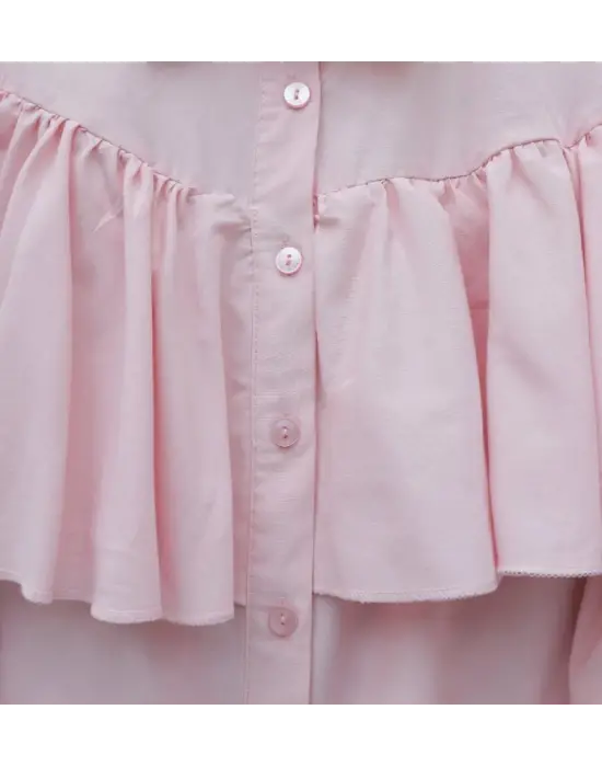 Önü Ve Omuzu Fırfır Detaylı Poplin Gömlek Bluz -Pembe
