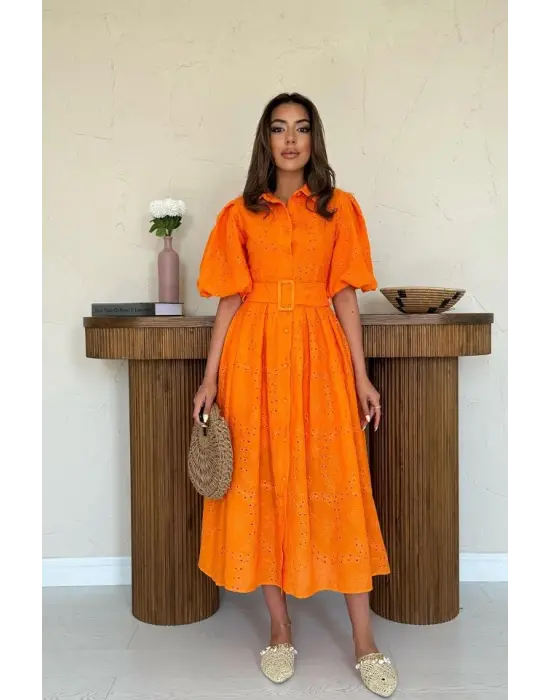 Oranj Pileli Balkon Elbise