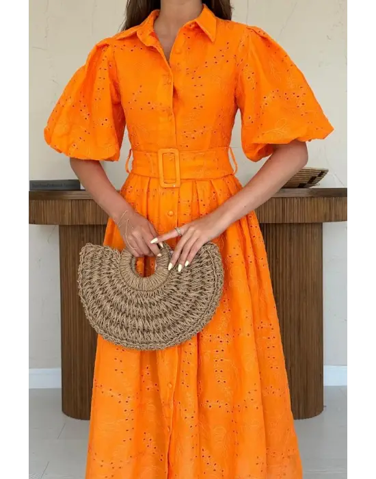 Oranj Pileli Balkon Elbise