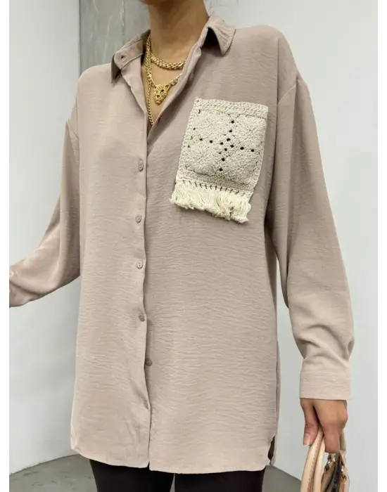 Örgü Cepli Düğmeli Ayrobin Gömlek -Açık Vizon