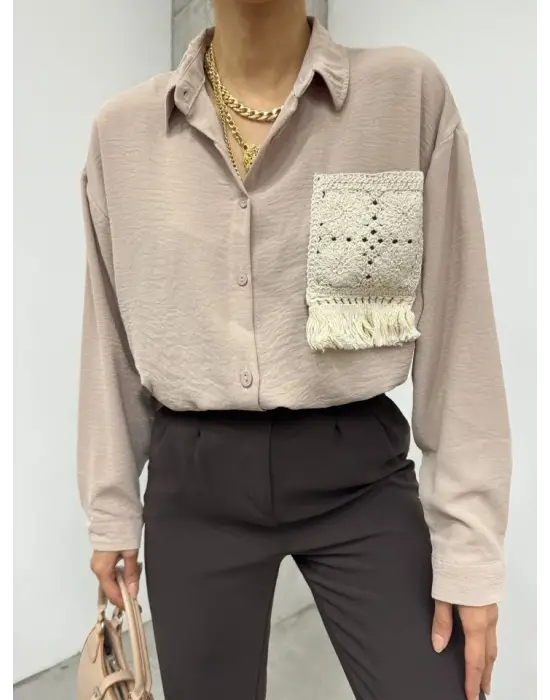 Örgü Cepli Düğmeli Ayrobin Gömlek -Açık Vizon