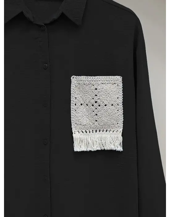 Örgü Cepli Düğmeli Ayrobin Gömlek -Siyah