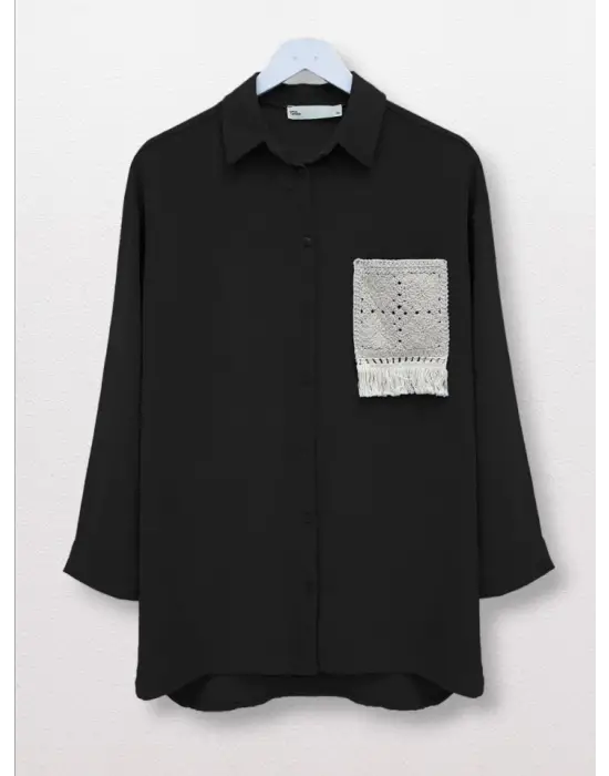 Örgü Cepli Düğmeli Ayrobin Gömlek -Siyah