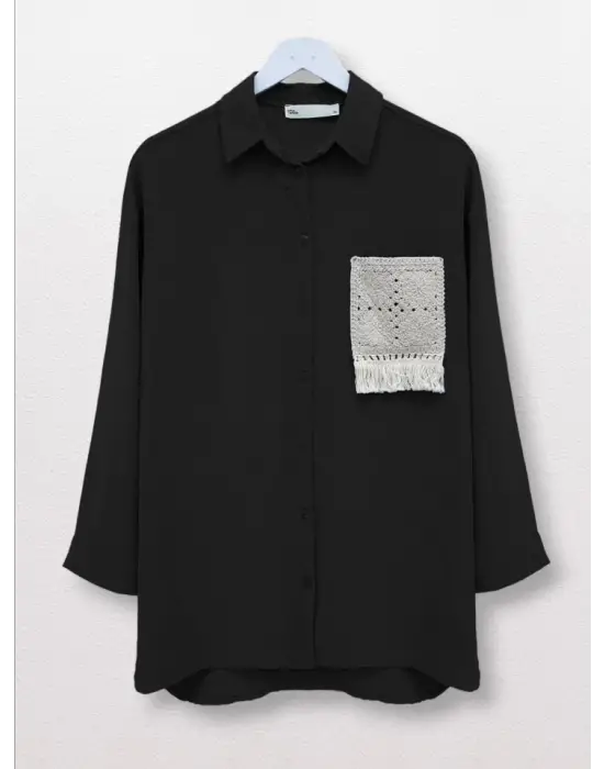 Omarı Siyah Ayrobin Gömlek - Örgü Cep Detayı ve Düğme Detayıyla