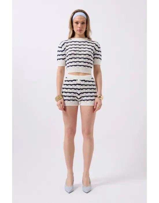 Örgü Detay Çizgili Crop Bluz