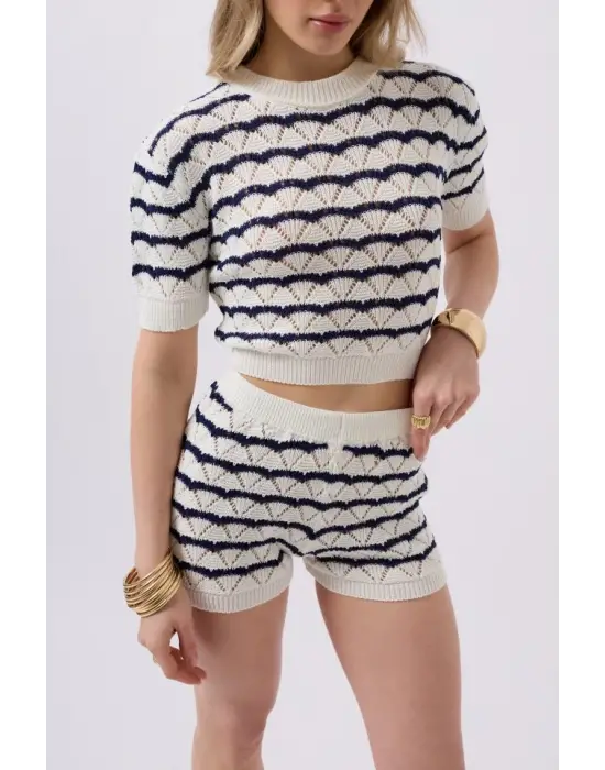 Örgü Detay Çizgili Crop Bluz