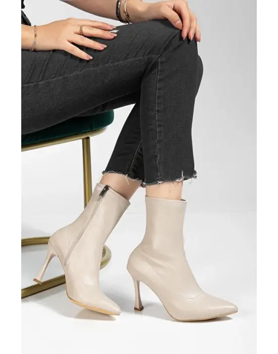 Orjen Bej Cilt Streç Topuklu Bot