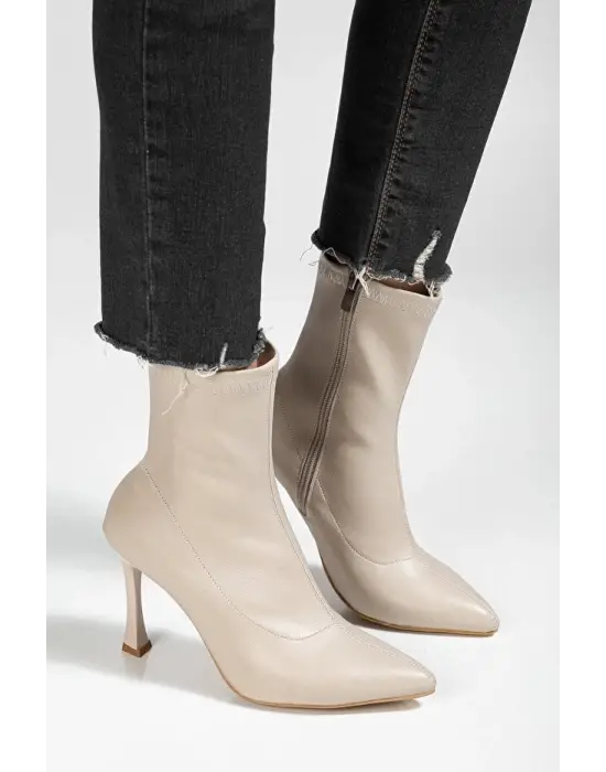 Orjen Bej Cilt Streç Topuklu Bot