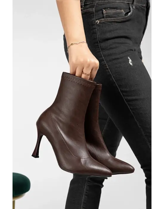 Orjen Kahverengi Cilt Streç Topuklu Bot