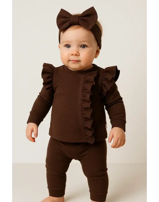 Orkide Büzgü Detaylı 3 Parça Kız Bebek Takımı %100 Pamuk