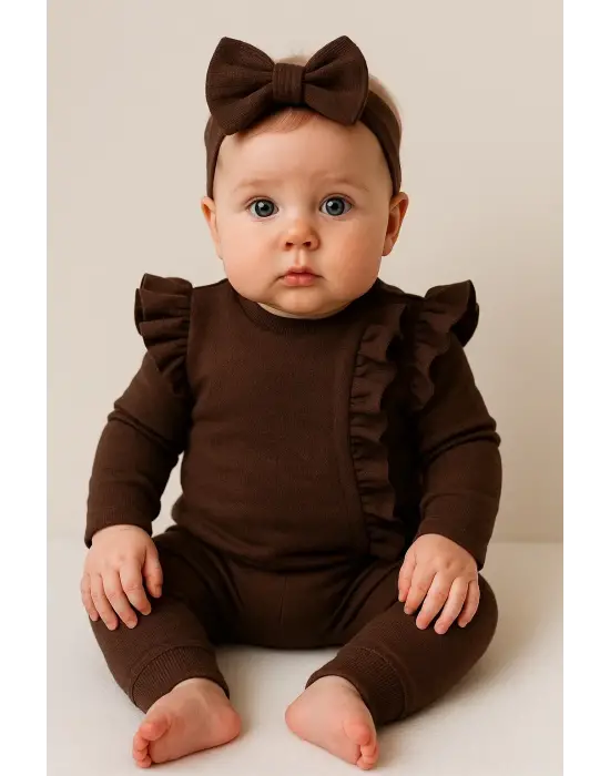 Orkide Büzgü Detaylı 3 Parça Kız Bebek Takımı %100 Pamuk