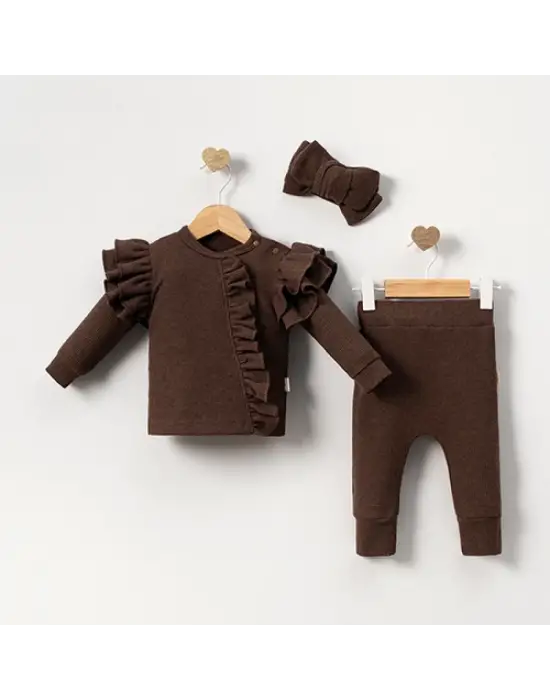 Orkide Büzgü Detaylı 3 Parça Kız Bebek Takımı %100 Pamuk