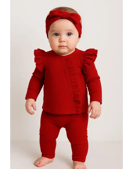 Orkide Desenli Fisto Detaylı 3 Parça Kız Bebek Takımı %100 Pamuk