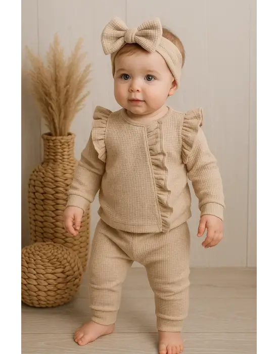 Orkide Desenli Fisto Detaylı 3 Parça Kız Bebek Takımı %100 Pamuk