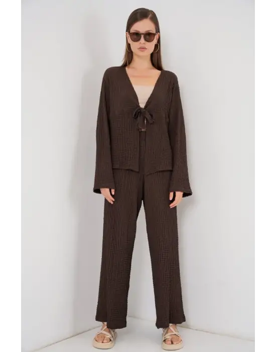 Örme Bluz Pantolon İkili Takım 30052 - Kahverengi