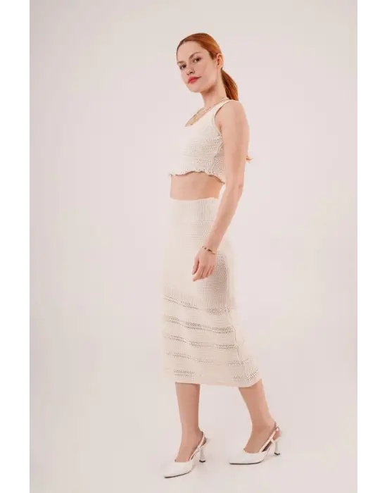 Omarı Örme Detaylı Krem Takım