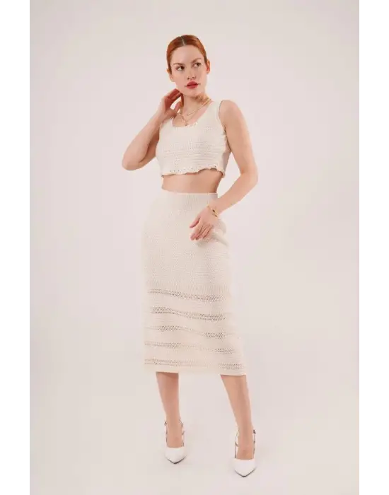 Omarı Örme Detaylı Krem Takım