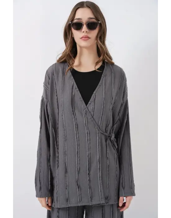 Örme Kimono Pantolon İkili Takım 30067 - Gri