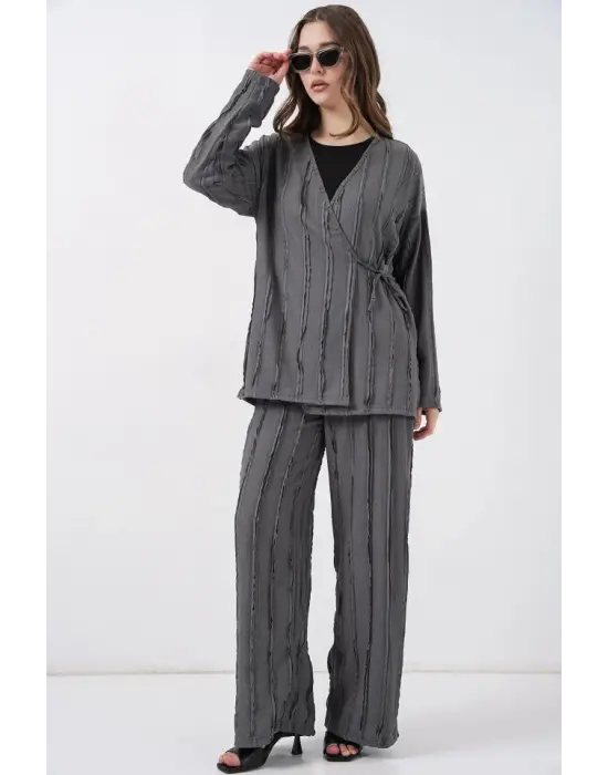 Örme Kimono Pantolon İkili Takım 30067 - Gri