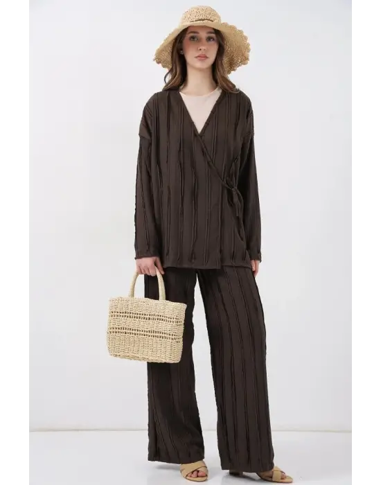 Modern Kimono Pantolon Takım Eşsiz 30067 - Kahverengi