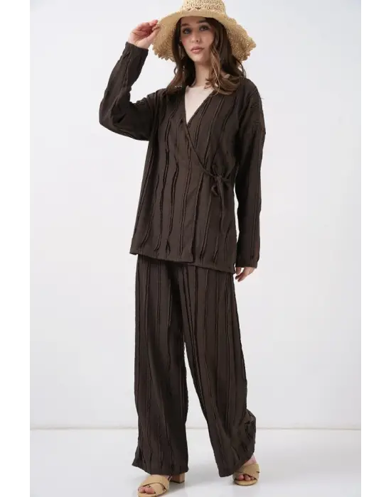 Örme Kimono Pantolon İkili Takım 30067 - Kahverengi