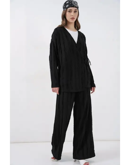 Örme Kimono Pantolon İkili Takım 30067 - Siyah