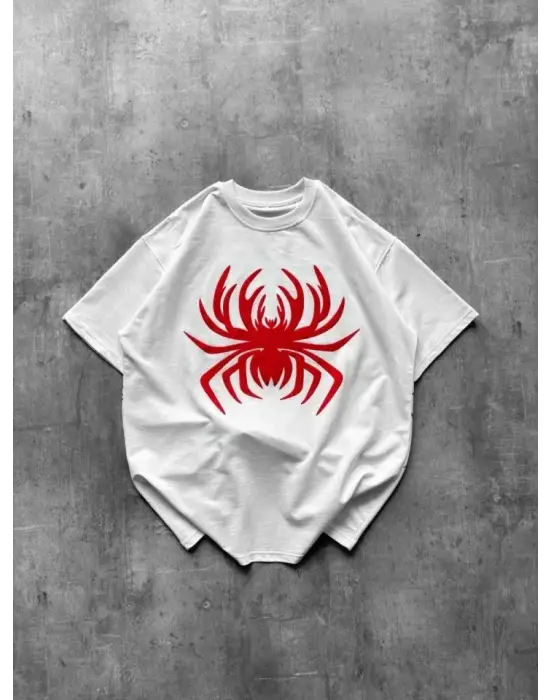 Örümcek Baskılı Tişört Kısa Kollu Bisiklet Yaka T-Shirt - Beyaz