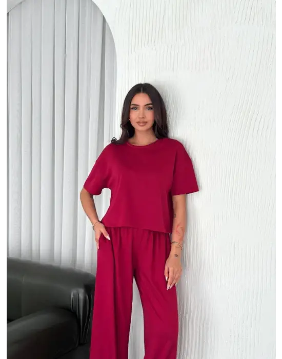 Osy Modal Yumuşak Dokulu Kumaş Bisiklet Yaka T-shirt Bol Paça Pantalon Ikili Takım -Bordo