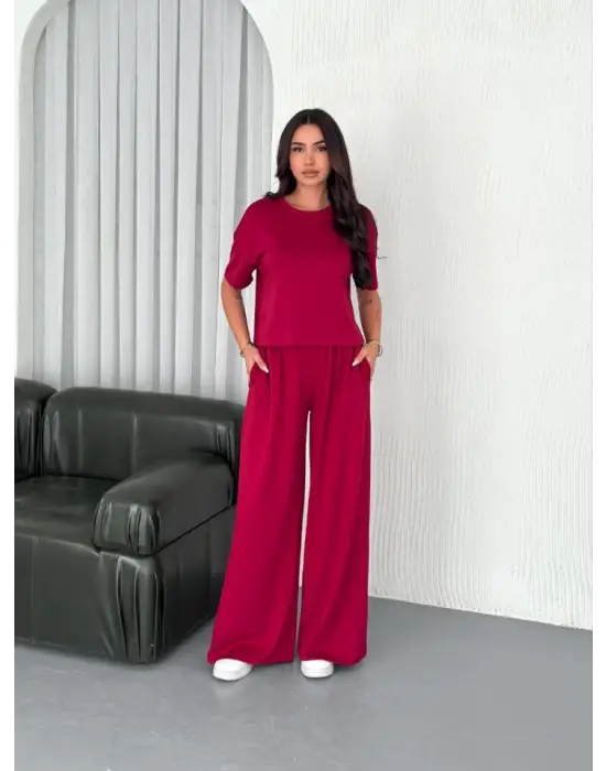 Osy Modal Yumuşak Dokulu Kumaş Bisiklet Yaka T-shirt Bol Paça Pantalon Ikili Takım -Bordo