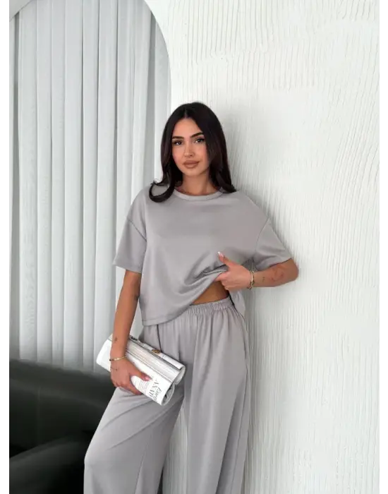 Osy Modal Yumuşak Dokulu Kumaş Bisiklet Yaka T-shirt  Bol Paça Pantalon Ikili Takım - Boyalı Gri
