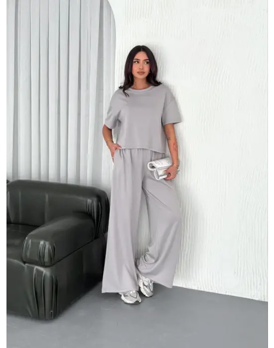 Osy Modal Yumuşak Dokulu Kumaş Bisiklet Yaka T-shirt  Bol Paça Pantalon Ikili Takım - Boyalı Gri