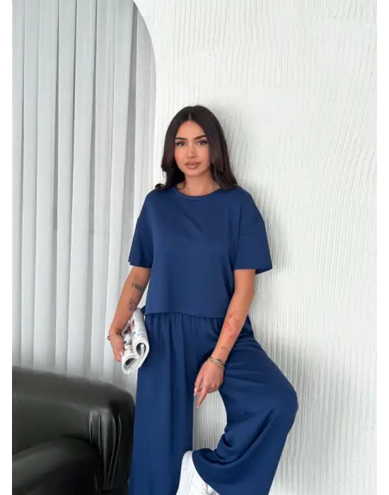 Osy Modal Yumuşak Dokulu Kumaş Bisiklet Yaka T-shirt Bol Paça Pantalon Ikili Takım -Saks Mavi
