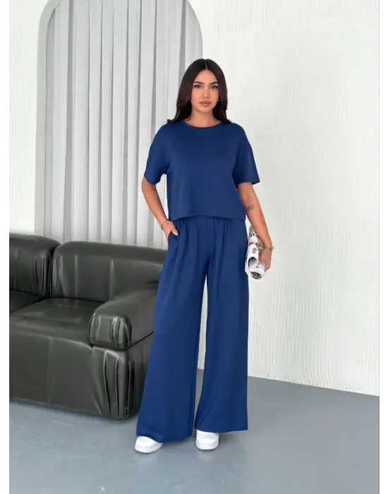 Osy Modal Yumuşak Dokulu Kumaş Bisiklet Yaka T-shirt Bol Paça Pantalon Ikili Takım -Saks Mavi