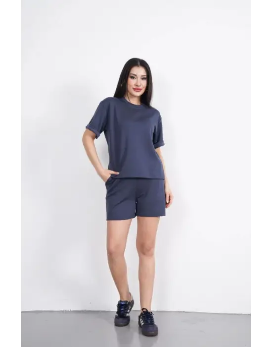 Osy Modal Yumuşak Dokulu Kumaş Bisiklet Yaka T-shirt Kısa Şort İkili Takım - Antrasit