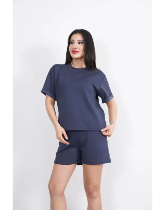 Osy Modal Yumuşak Dokulu Kumaş Bisiklet Yaka T-shirt Kısa Şort İkili Takım - Antrasit