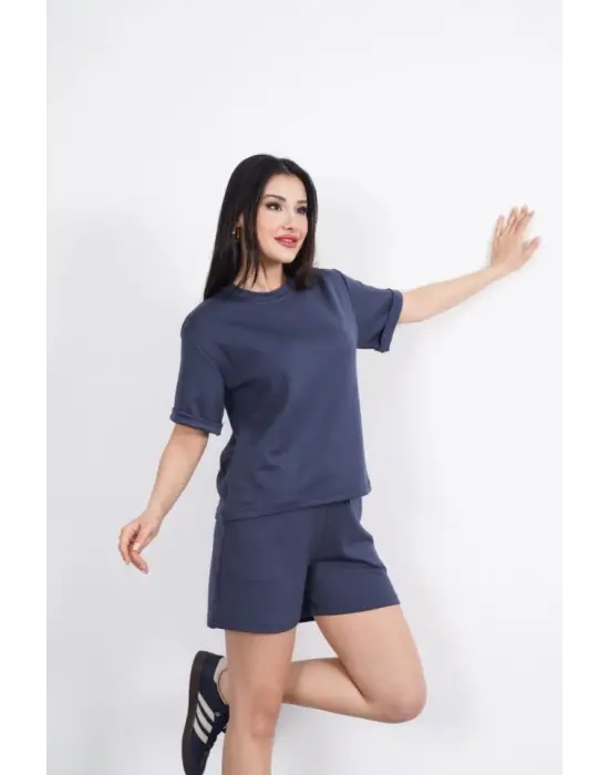 Omarı Modal Kumaş Bisiklet Yaka Kısa Şort Takımı - Antrasit