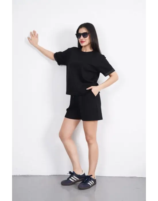 Osy Modal Yumuşak Dokulu Kumaş Bisiklet Yaka T-shirt Kısa Şort İkili Takım - Siyah