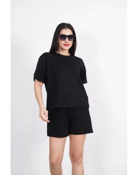 Osy Modal Yumuşak Dokulu Kumaş Bisiklet Yaka T-shirt Kısa Şort İkili Takım - Siyah
