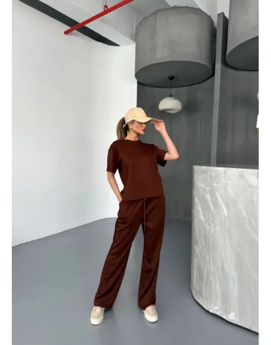 Omarı Modal Kumaş Yumuşak Dokulu Bluz ve Pantolon Takımı - Kahverengi