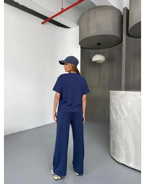 Osy Modal Yumuşak Dokulu Kumaş Kısa Kollu Bluz Rahat Pantalon Ikili Takım- Lacivert