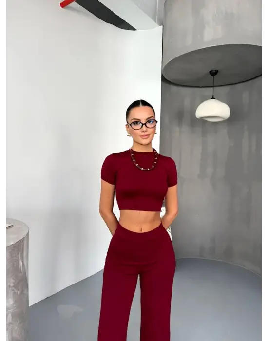 Osy Modal Yumuşak Dokulu Kumaş Kısa Kollu Crop Alt Ispanyol Paça Pantalon Ikili Takım - Bordo