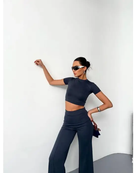 Füme Kısa Kollu Crop Alt Ispanyol Paça Pantalon Kadın Giyim